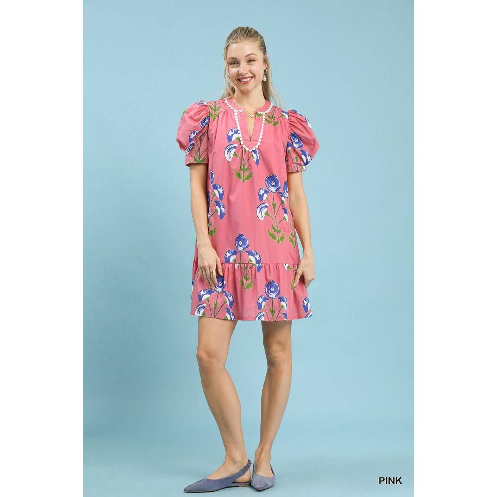 Umgee Floral Print Puff Sleeve A-Line Dress Pink w Blue Flowers Sz Medium - Picture 2 of 6